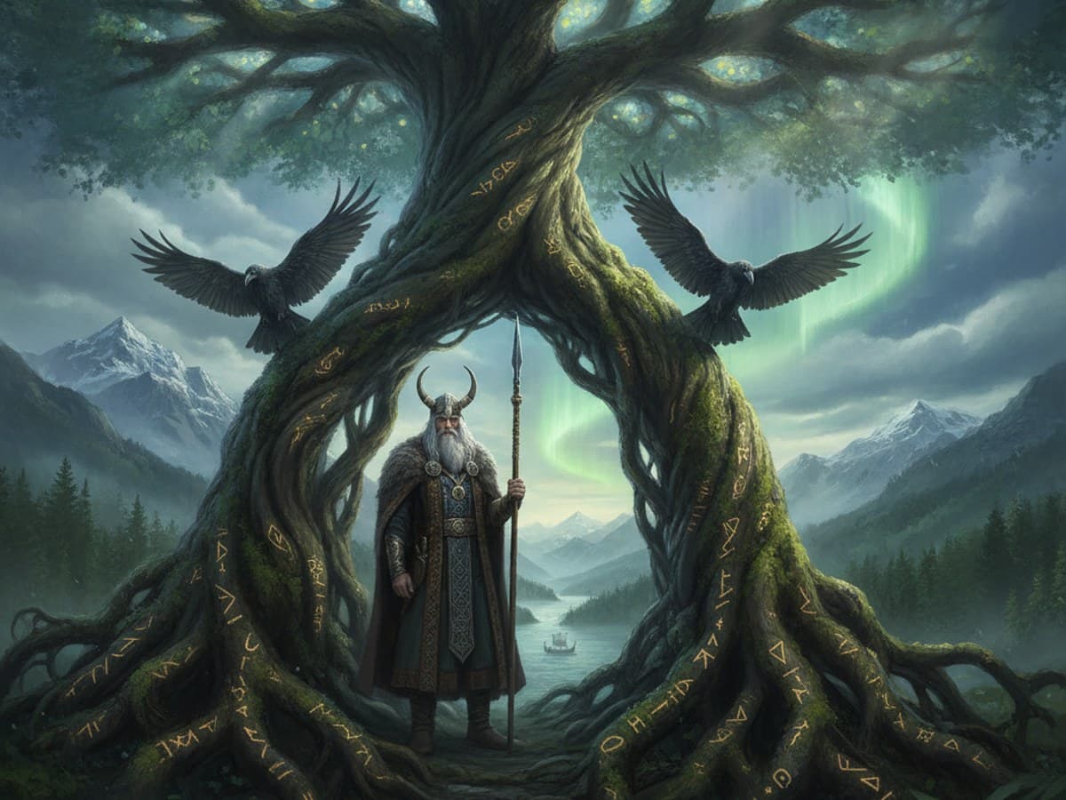 Norse god Odin with ravens beneath the colossal roots of Yggdrasil with carved glowing runes