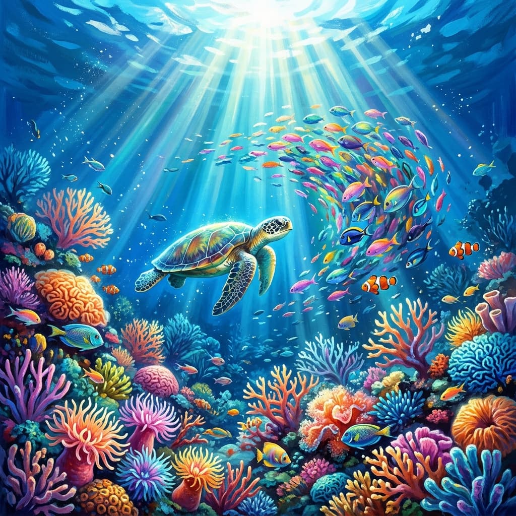 Sunlit tropical coral reef underwater seascape