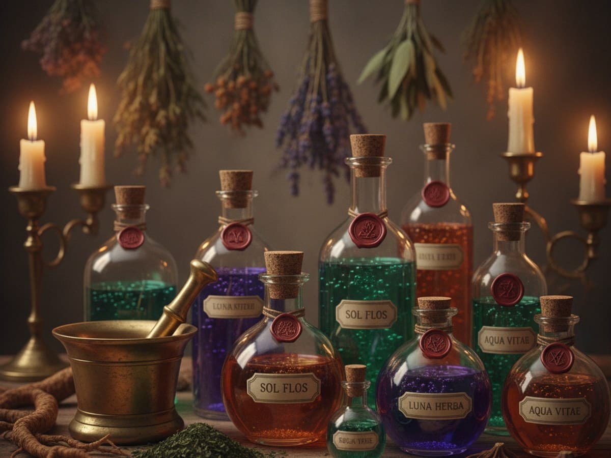 Alchemical apothecary workbench: luminous blown-glass potion phials and flasks with bubbling emerald and violet elixirs