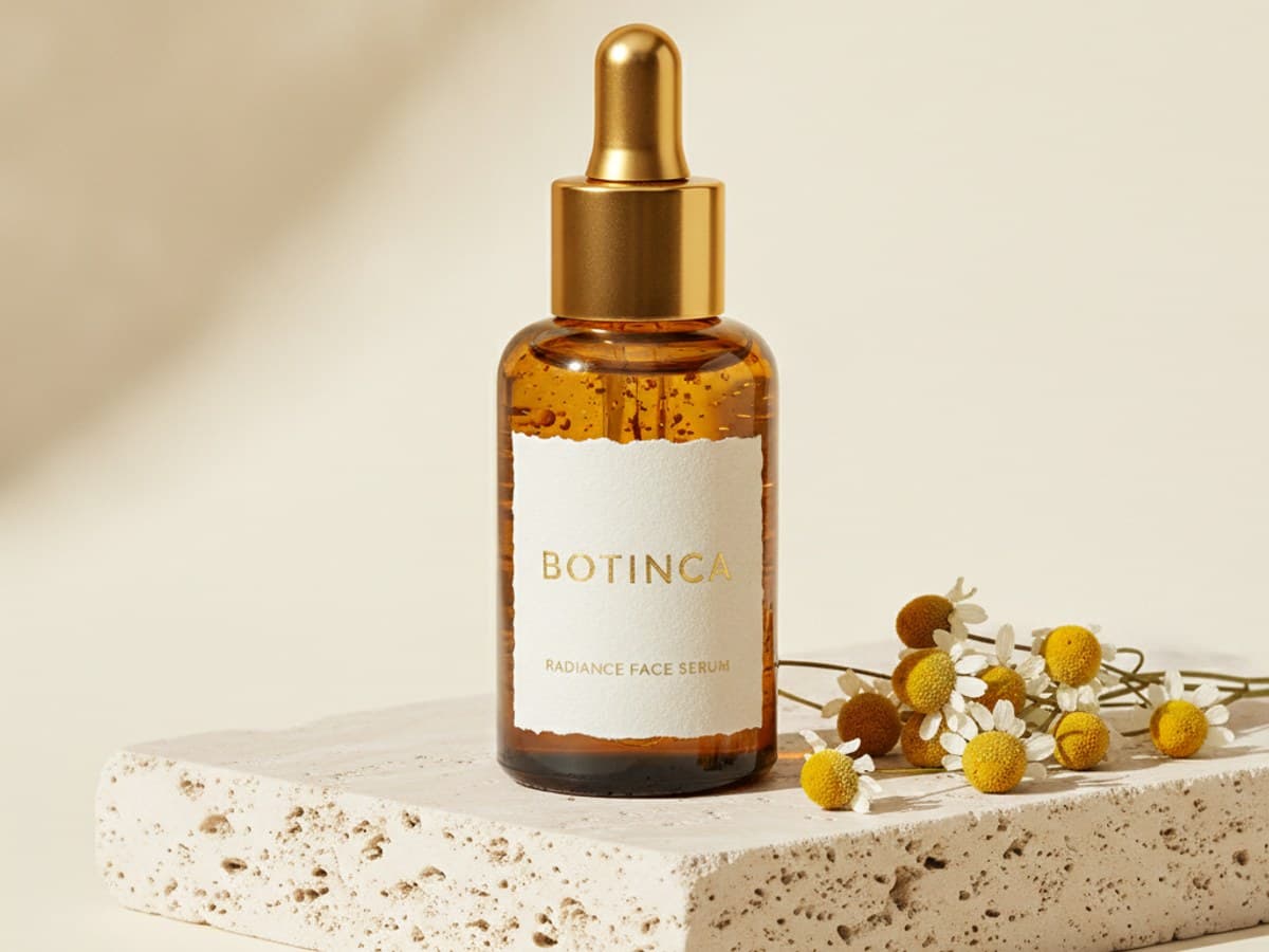 Luxury apothecary product study: amber glass face serum bottle with brass dropper on an off-white travertine pedestal