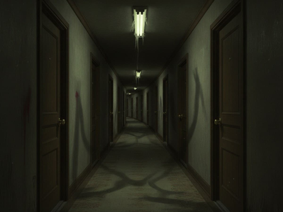 Psychological horror illustration of an uncanny dimly lit liminal corridor with repeating doors in subtle dread