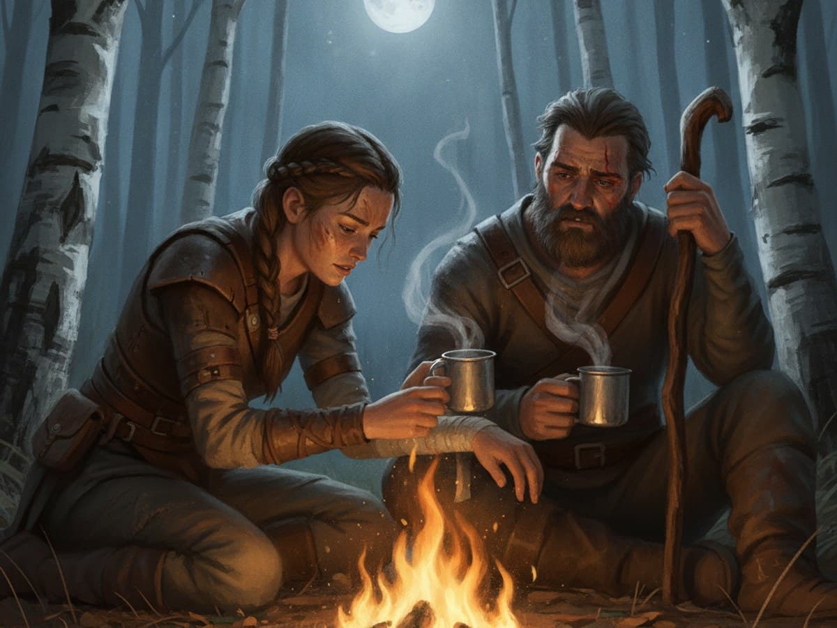 Quiet narrative keyframe: two weary adventurers resting beside a glowing campfire in a moonlit birch forest