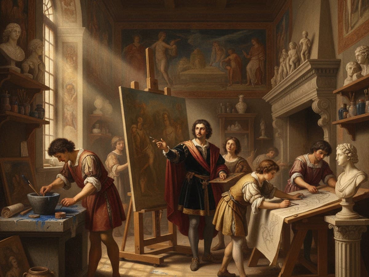 Florentine Renaissance master artist workshop with easels, pigments and marble sculptures by sunlit windows