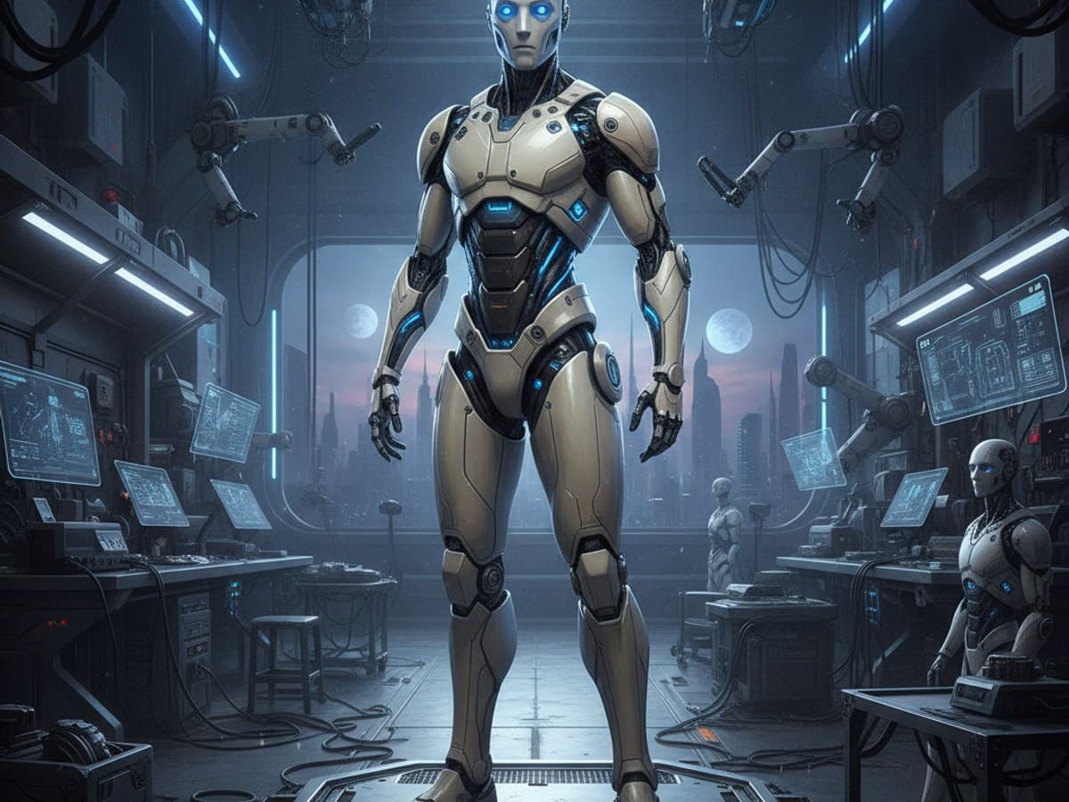 Sleek synthetic humanoid android with white armor and illuminated optical sensors in a repair lab