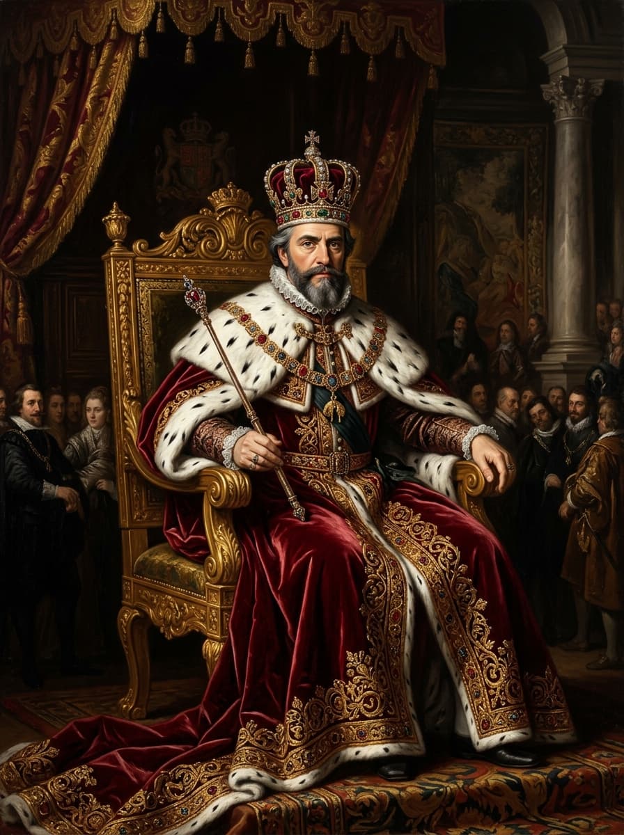 Regal monarch and noble portrait in ornate velvet robes and jewelry
