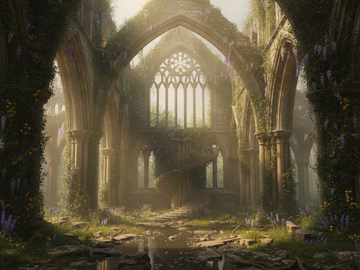 Weathered medieval stone abbey ruins with crumbling ribbed arches overgrown with ivy in morning mist