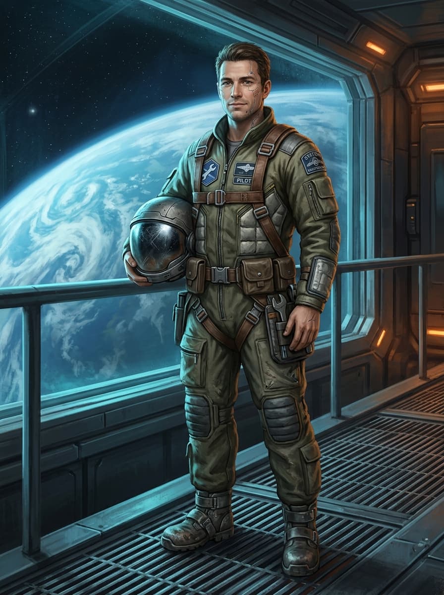 Sci-fi cybernetic nomad and starship pilot with holographic visor