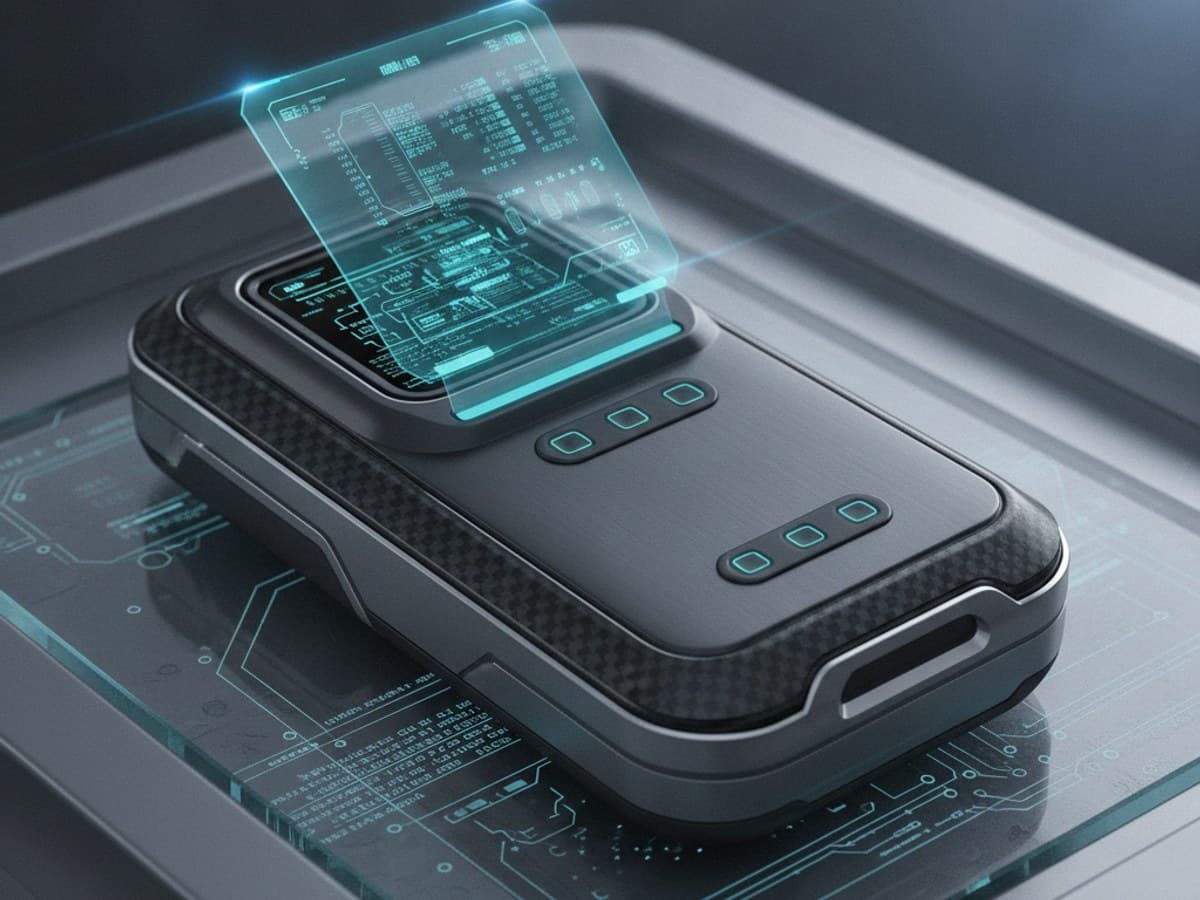 Futuristic handheld scanning device and wrist communicator with glowing cyan holographic telemetry