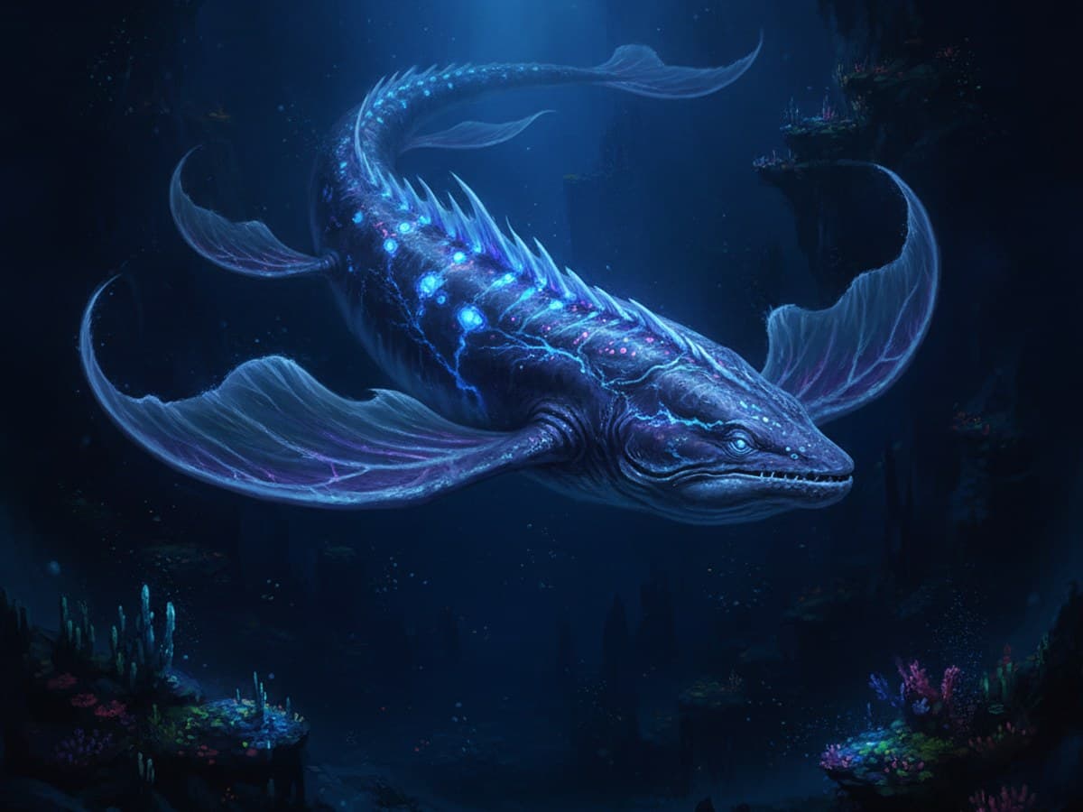 Colossal bioluminescent deep-sea leviathan creature gliding through abyssal ocean waters