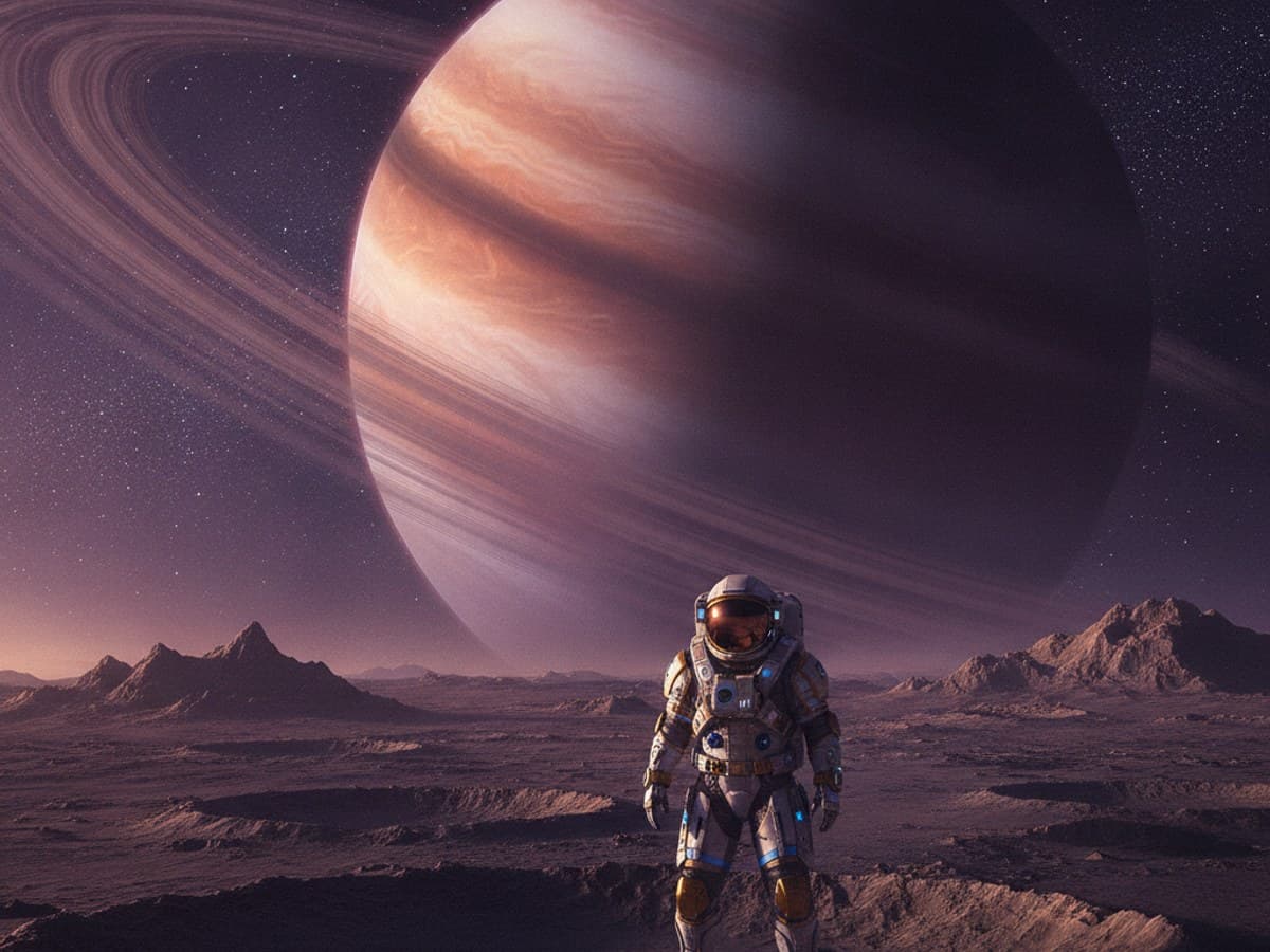 Astronaut in an advanced EVA exploration suit on an alien moon with ringed gas giant in the sky
