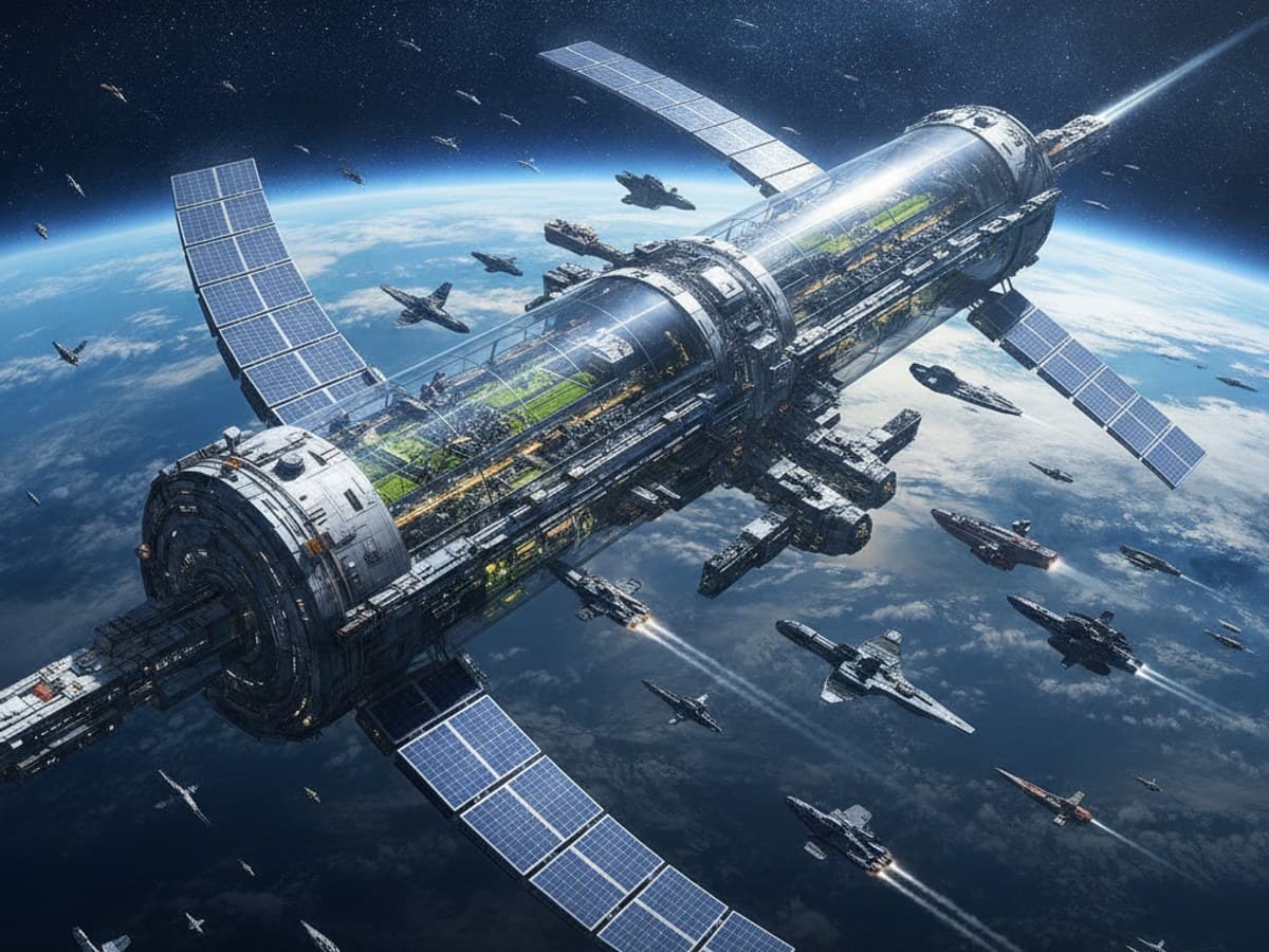 Colossal cylindrical orbital space habitat with docking modular starships against Earth curvature