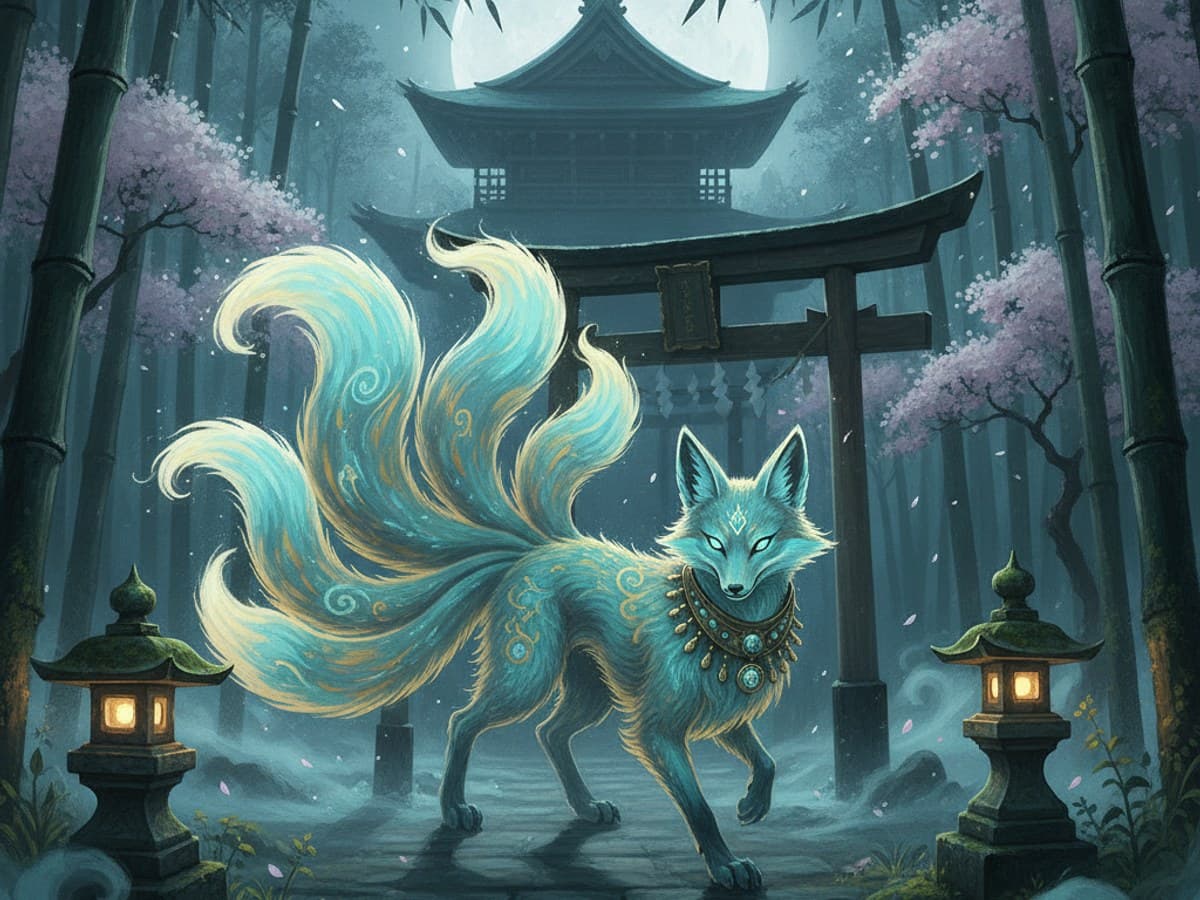 Spectral nine-tailed kitsune fox spirit glowing in a sacred moonlit bamboo grove