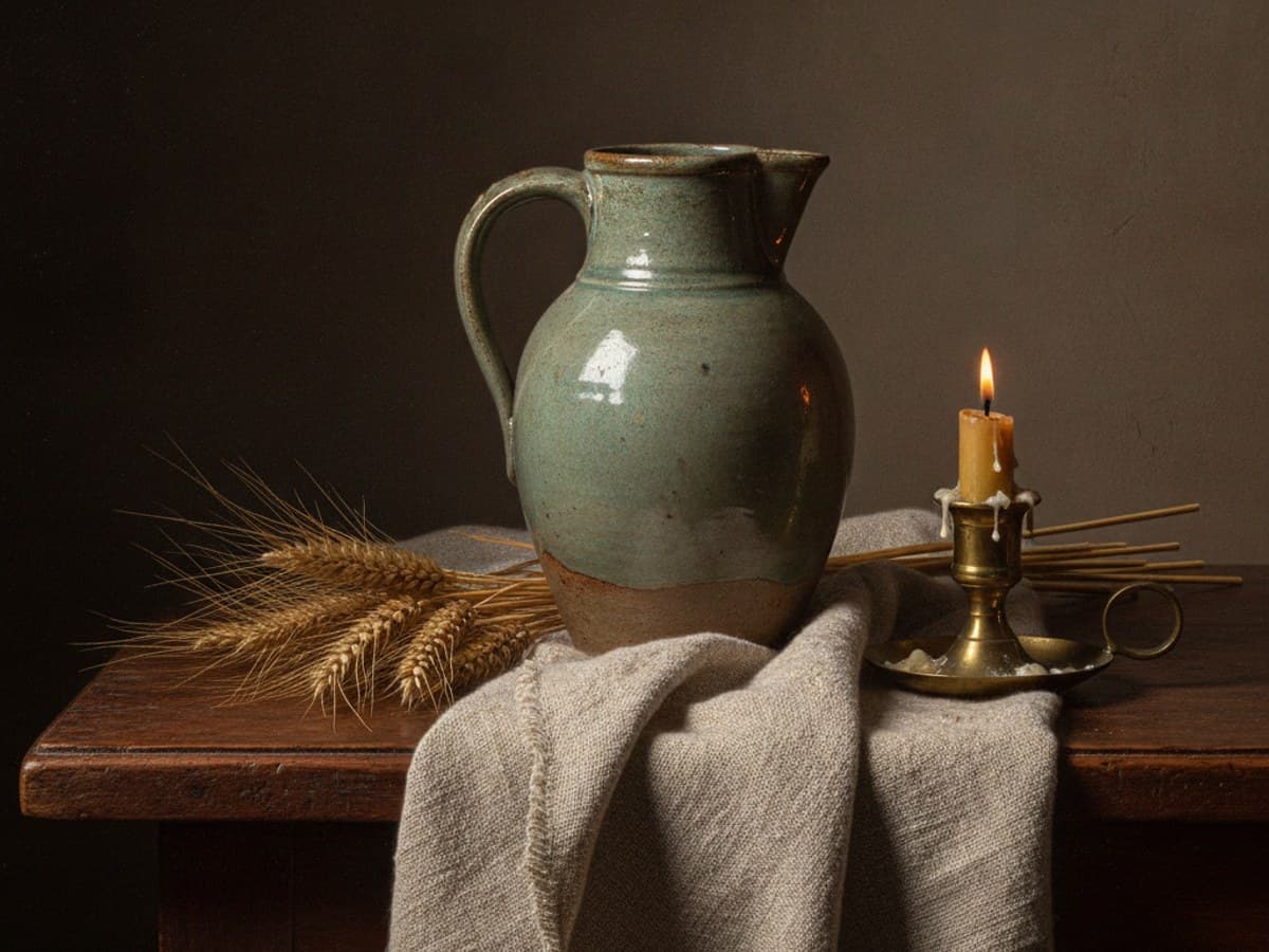 Dutch Golden Age still life: antique glazed stoneware pitcher, brass candleholder, and dried wheat on mahogany