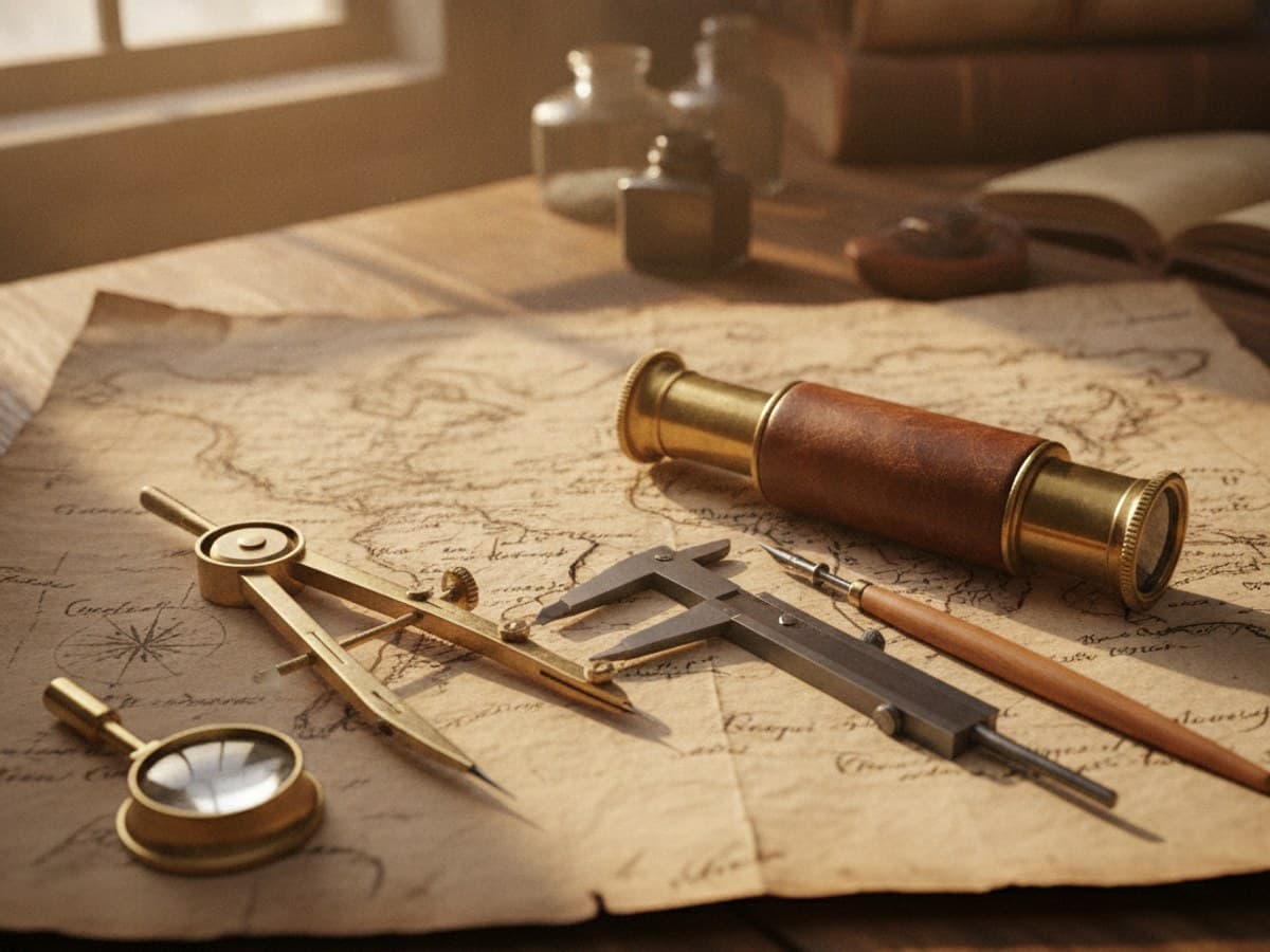 Victorian explorer field kit: antique brass drafting compass, telescope, precision steel calipers, and cartography map