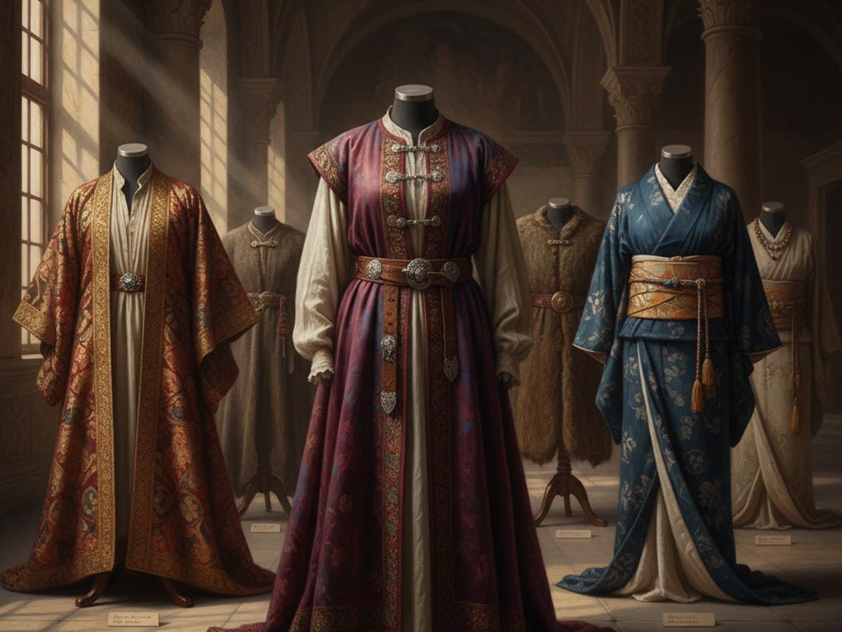 Historical costume study displaying layered period brocade garments, embroidered tunics and metal clasps