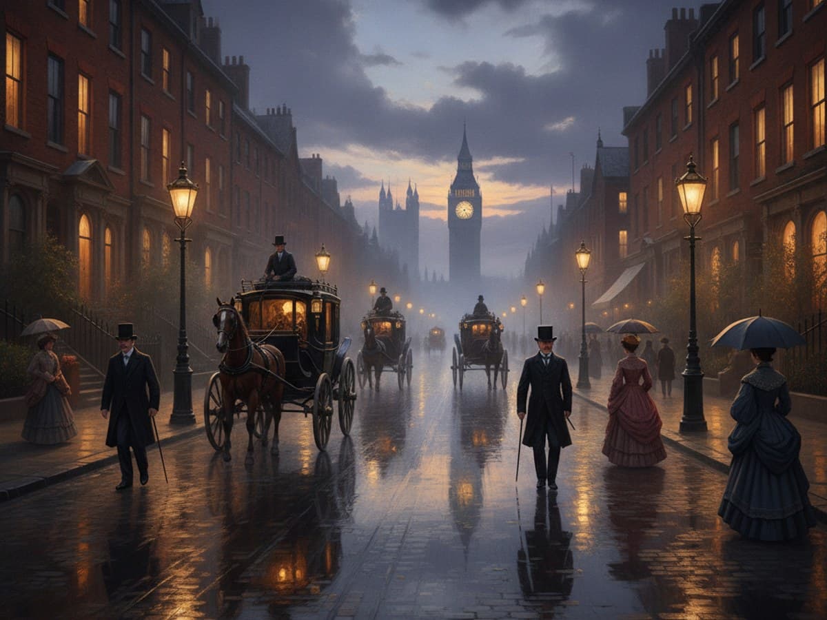 Victorian London street at twilight after rain with glowing gas streetlamps, hansom carriages and brick townhouses