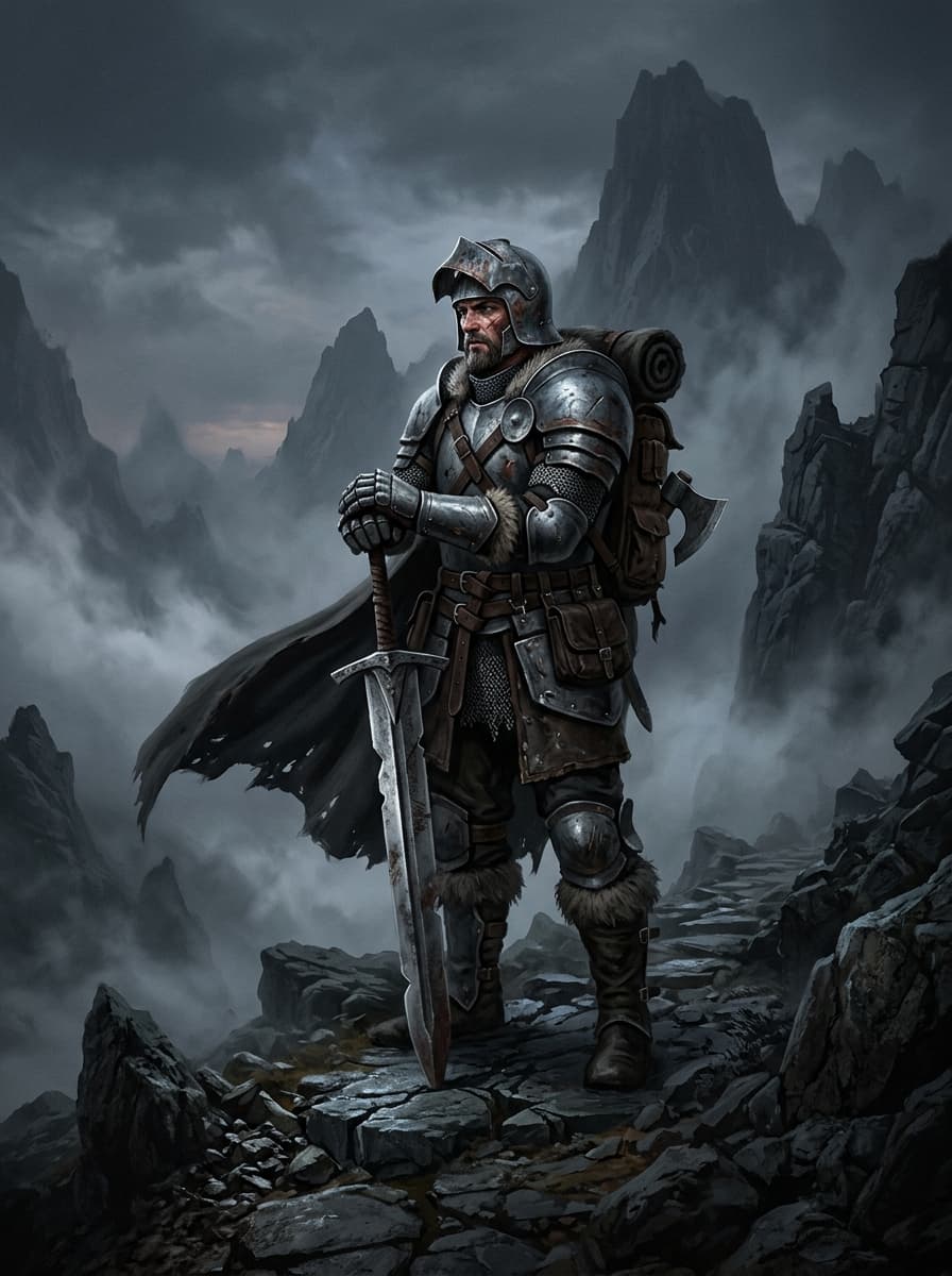 Battle-hardened warrior adventurer with weathered armor and swords