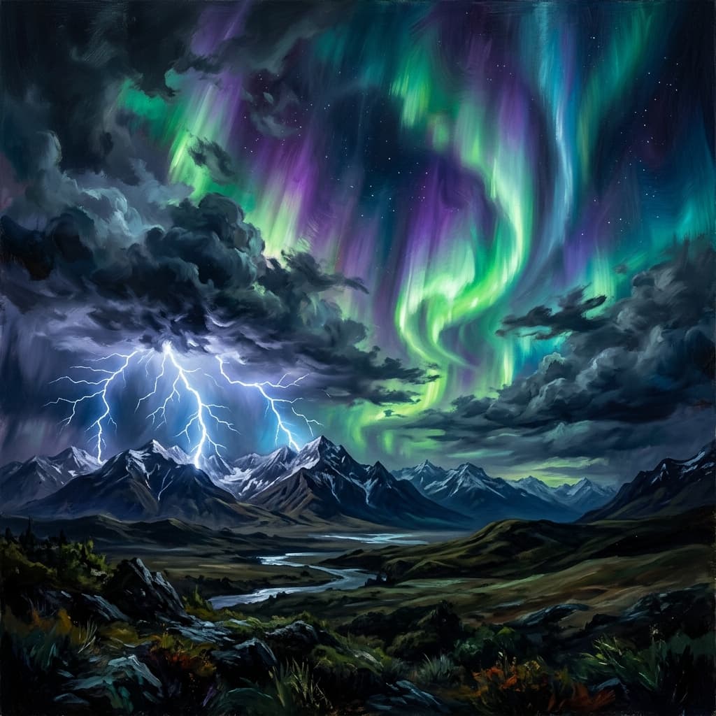 Aurora borealis and dramatic stormscape over scenic landscape