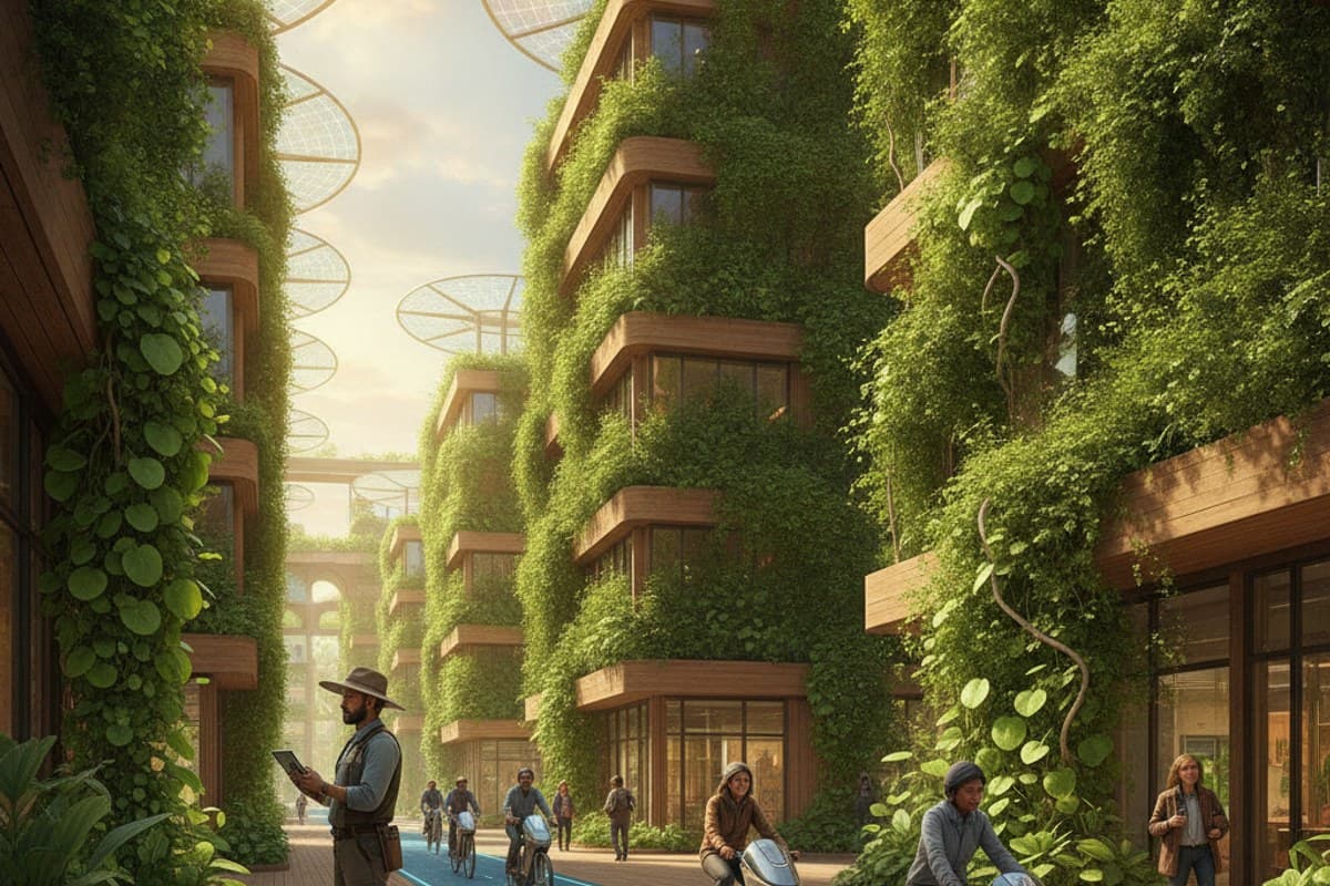 The Garden District in Summer: pedestrian solarpunk street framed by vertical living gardens and solar sails