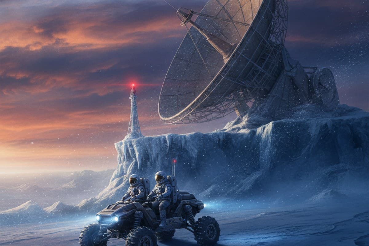 A Message from the Ice Moon: research rover approaching a frozen communication dish on a distant moon