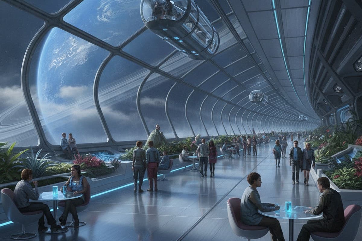 Morning on the Ring Station: curved orbital habitat promenade overlooking a brilliant blue planet