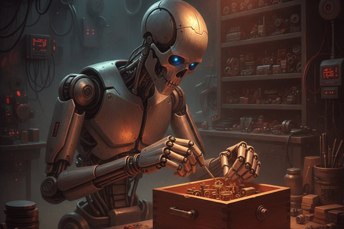 Repair Bay Twelve: service android restoring an antique music box under a solitary workshop lamp