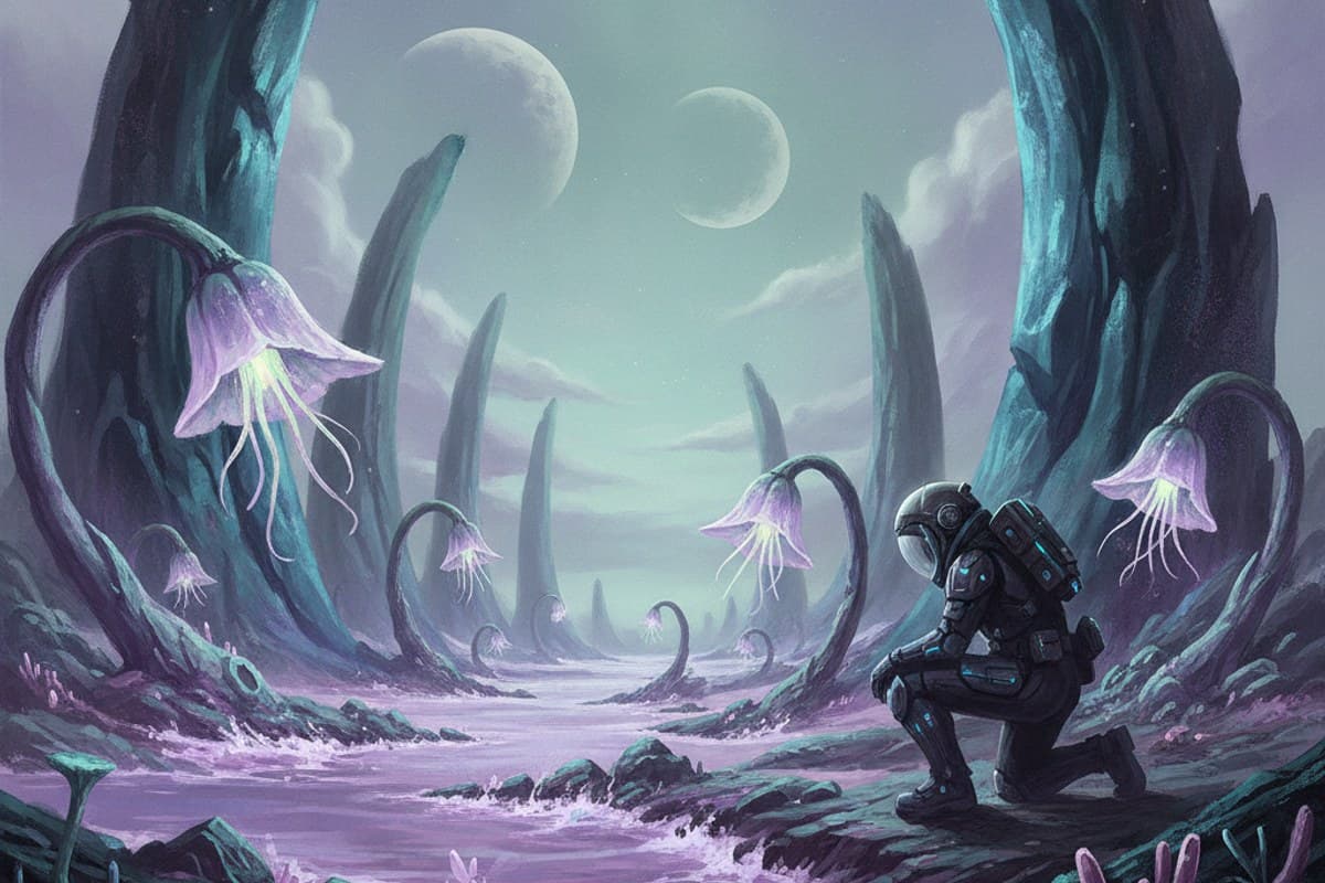 The Violet Tide of Nacre-7: explorer kneeling beside an alien sea with translucent flora and twin moons